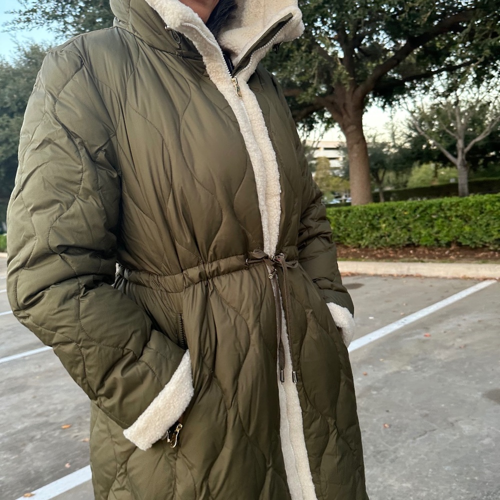 kate spade New York Faux Shearling Trim Down & Feather Fill Coat in Olive XL - Picture 4 of 13